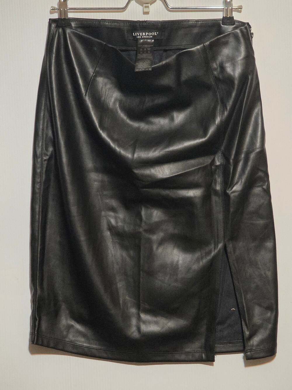 Liverpool Los Angeles Size 8 Black Faux Leather Pencil Midi Skirt with Side Slit